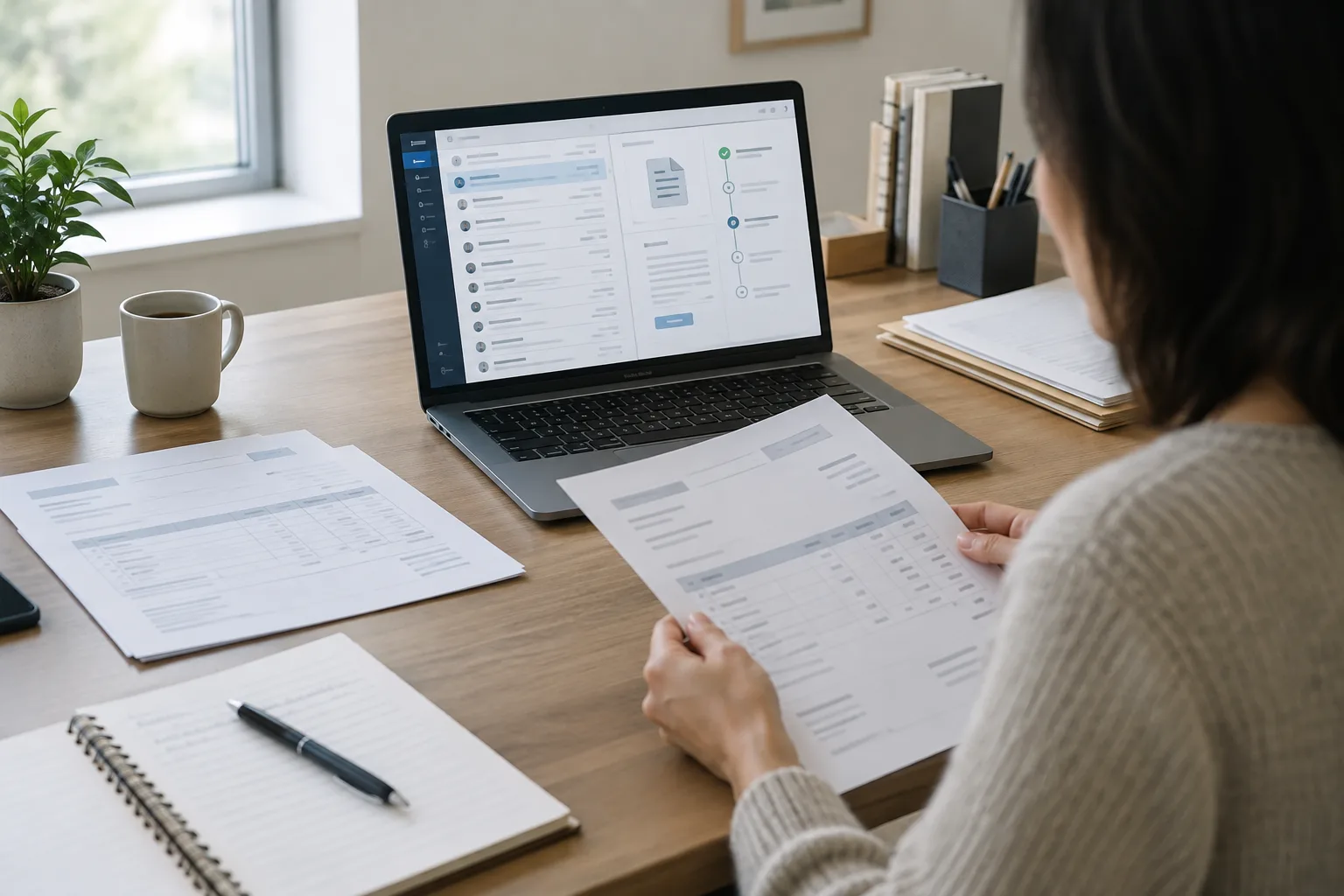 Un bureau avec un ordinateur affichant une boîte de réception et des documents de facturation à traiter.