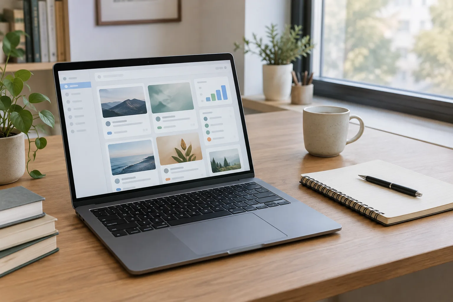 Un ordinateur portable ouvert sur un tableau de veille numérique, accompagné d’un carnet sur un bureau.