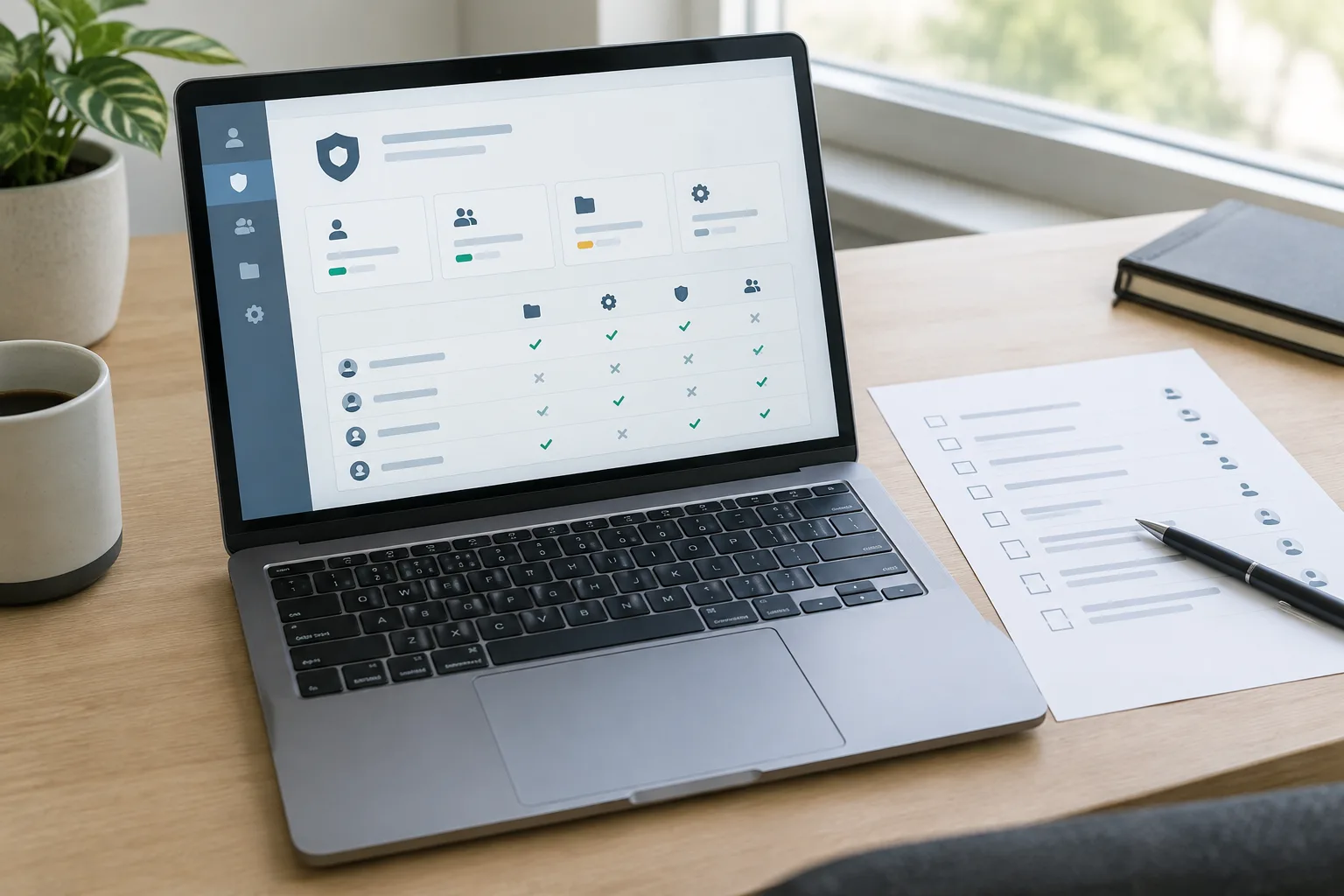 Ordinateur affichant une interface abstraite de gestion des accès, accompagné d’une liste de contrôle sur un bureau.