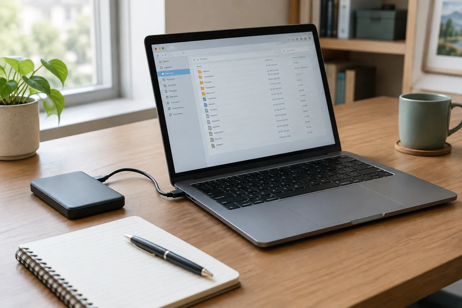 Un ordinateur portable et un support de stockage externe sur un bureau organisé.